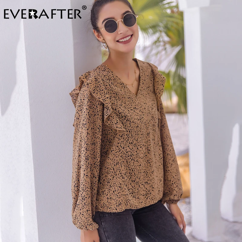 

EVERAFTER Vintage leopard print blouse women shirt V-neck long sleeve ruffles loose work wear Autumn blouse female office tops