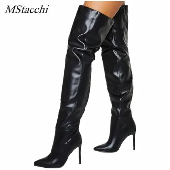 

MStacchi Sexy Thigh High Boots Women Pointed Toe Thin Heel Mauri Pleated Crocodile Print Boots All-match Temperament Mujer Boots