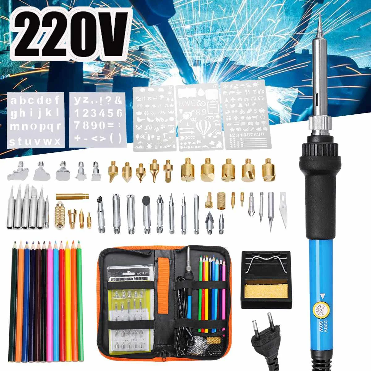 

61Pcs/set 60w Adjustable Soldering Iron Carving Pyrography Tool Wood Embossing Burning Soldering Pen Set Welding Tips Kit