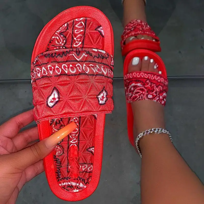 Sandalias estampado de Bandana para mujer, chanclas deslizantes|Zapatos de -