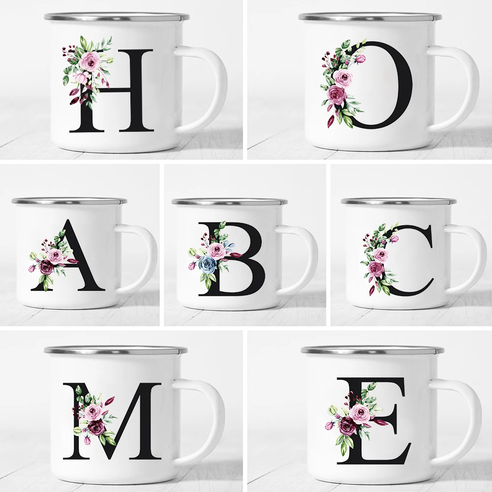 

Letter Flowers Print Creative Enamel Mugs Bachelorette Party Wine Beer Drink Juice Cups Handle Milk Cola Mug Holiday Best Gifts