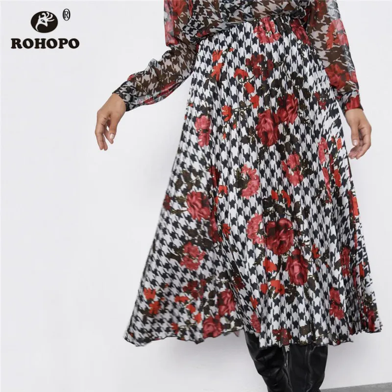 

ROHOPO High Waist Red Floral Houndstooth Midi Skirt Flared Hem Accordion Pleated Female Printed Maxi Falda #9663