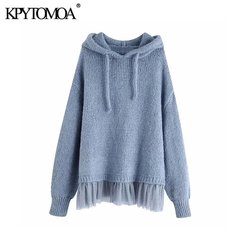  Vintage Stylish Patchwork Loose Knitted Sweatshirts Women 2020 Fashion Hooded Long Sleeve Female Pu