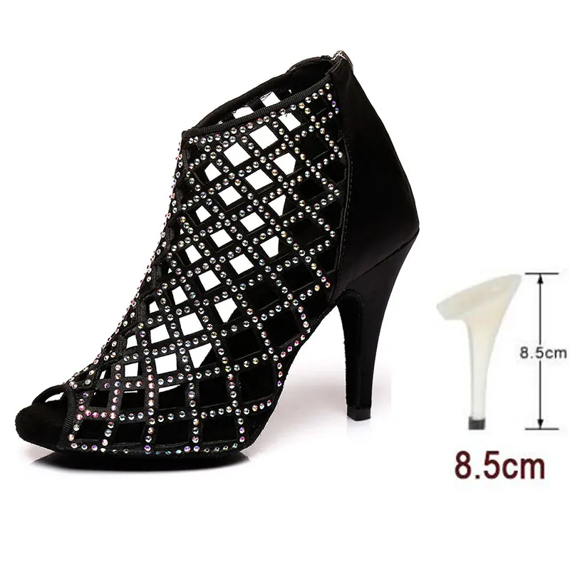 Black 8.5CM HROYL, новинка, женская обувь для латинских танцев, женские сандалии для сальсы, Резные Стразы, женские бальные туфли для танго, самбы, сексуальные вечерние Heel6-10CM - Цвет: Black 8.5CM
