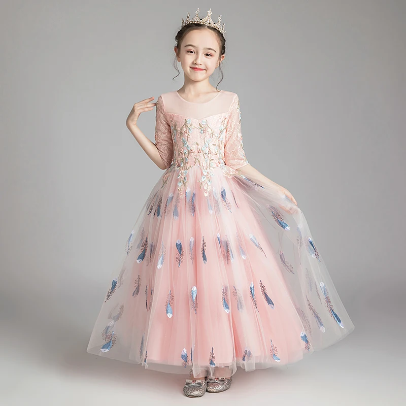 

2019Spring Autumn Luxury New Children Girls Pink Embroidery Flowers Birthday Wedding Party Dress Model Show Host Piano Dresses