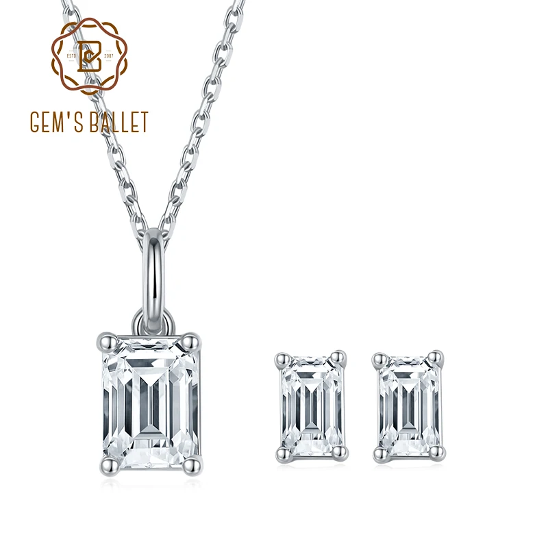 

GEM'S BALLET Brilliant Emerald Cut Moissanite Jewelry Set 925 Sterling Silver Pendant Necklace Earrings Sets For Women Wedding