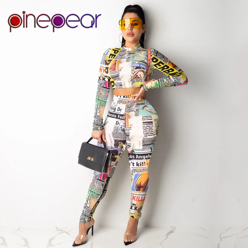 

PinePear Colourful Newspaper Print Long Sleeve Crop Top and Pants 2 Piece Set Women 2020 Winter Fashion Sweatsuit Dropshipping