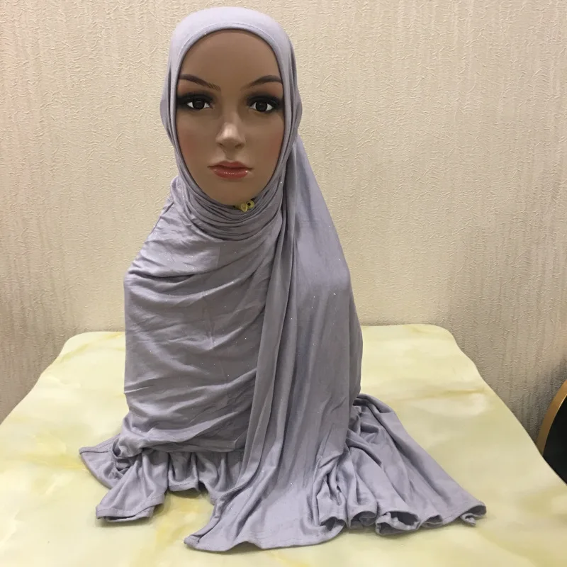 Модный Блестящий Джерси-шарф, однотонный Hijabs для женщин, эластичный головной платок, мусульманский Шиммер, простые длинные шали, накидка s - Цвет: light gray