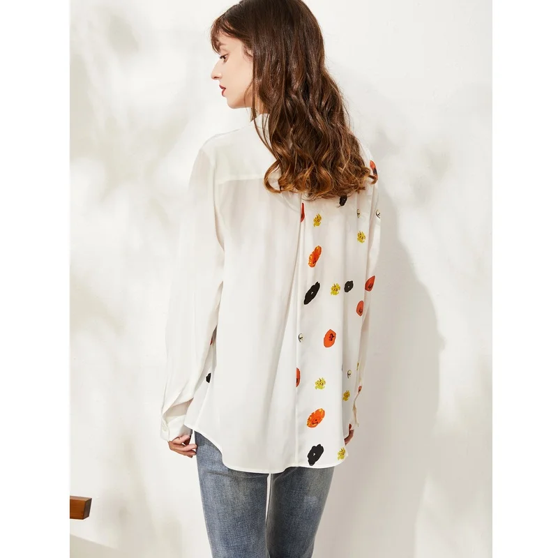 Женская блузка с длинными рукавами из натурального шелка с принтом, шелк тутового цвета, свободный шифоновый топ M L XL