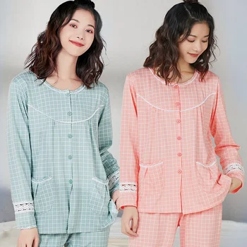 

100% Cotton Pajamas Women PJ 2 Pieces Lounge Sleepwear Bedgown for Ladies 2019 Pink Nightgown Home Clothes Pure Cotton Pajamas