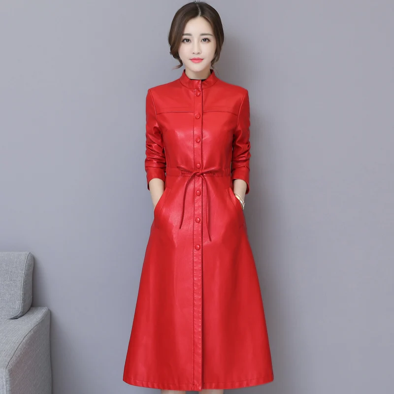 Red Модная женская кожаная куртка зима осень размера плюс 5XL X-Long из мягкой искусственной кожи пальто тонкое высокое качество толстый теплый Тренч - Цвет: Red