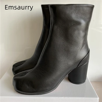 

Women Size 38 Black Genuine Leather Ankle Boots Women Round Heels Unique Split Toe Inside Buckle Autumn Winter Short Boots Woman