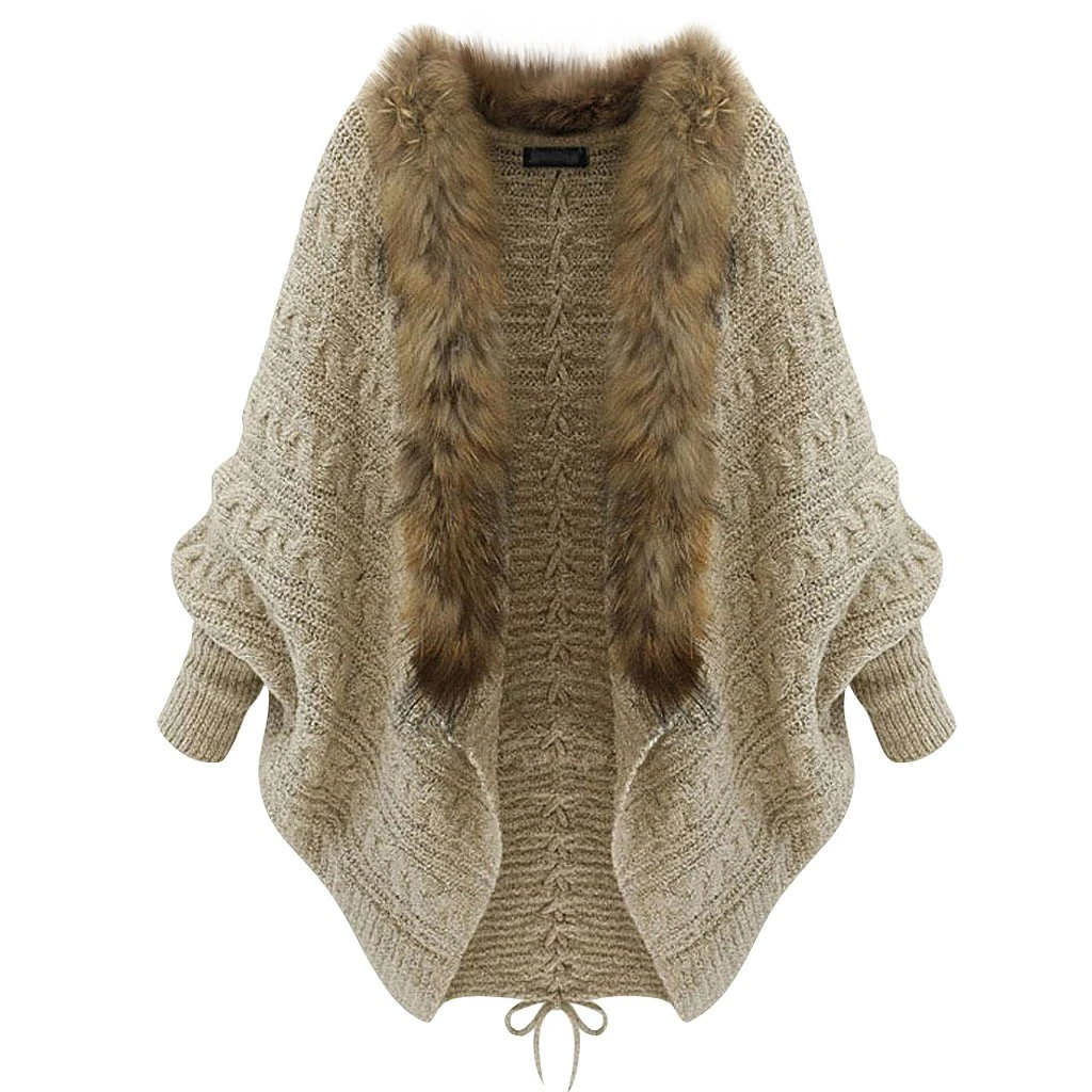 

Women Faux Fur Bat Sleeve Ponchos And Capes Round-Neck Fur Collar Knit Tassel Warm Sweater And Pullovers Lady Coat 1030