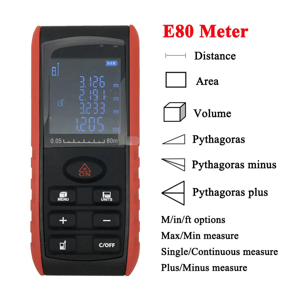 E80 meter Цифровой лазерный дальномер 100 м/80 м/60 м/40 м, точность лазерного дальномера 2 мм, максимальное расстояние измерения, лазерный дальномер ленты - Цвет: E80 meter