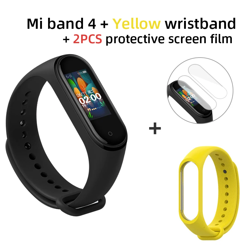 Add Yellow n 2PCS Глобальная версия, Xiaomi Mi, 4 Смарт-часы, пульсометр, фитнес-трекер, браслет, цветной дисплей, смарт-браслет, 135 мАч - Цвет: Add Yellow n 2PCS