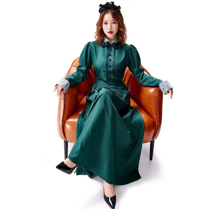 

S-L Dark Green Women Halloween Maid Costumes Female Waitress Housekeeper Cosplay Carnival Purim Stage Show Role Play Party Dress