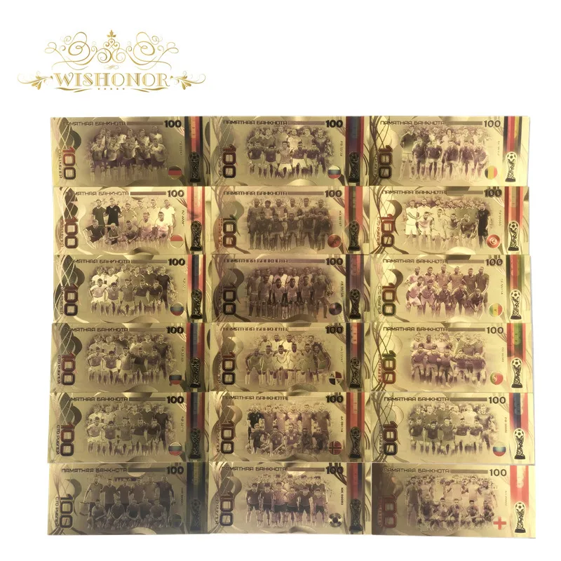 18Pcs/Lot New World cup Football Team Banknotes 100 Ruble banknotes Bills Banknote in 24K Paper Money For Gifts
