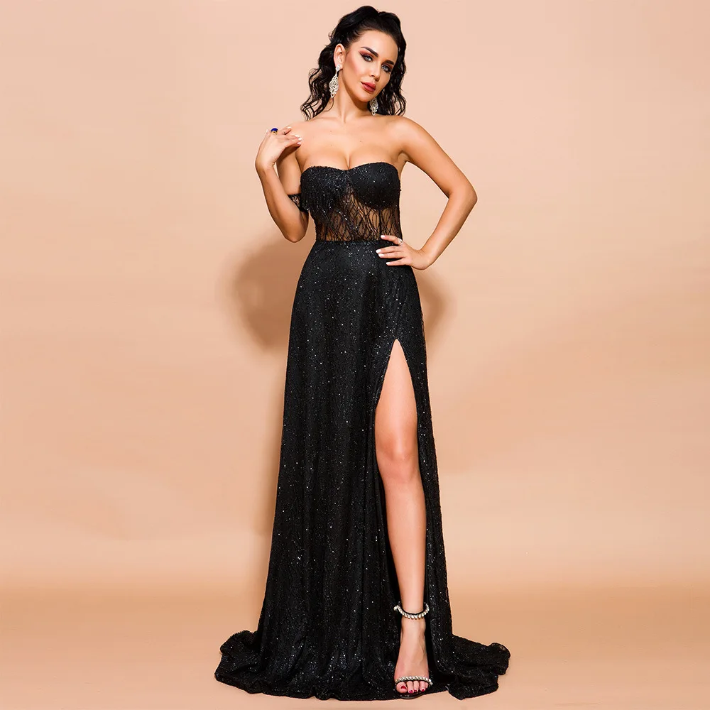 Расшитое блестками длинное черное платье наивысшего качества сексуальные Elegnat Slash шеи винтажные платья знаменитостей Evneing для вечеринок