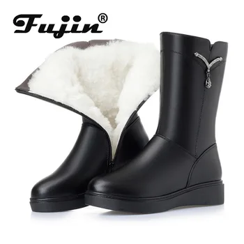 

Fujin Wool Snow Boots Women Warm Genuine Leather Shoes Plush Fur Warm Fashion Zipper High Boots Platform Women Winter Boots