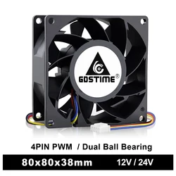 Ventilateur de refroidissement puissant, 8038 80x38mm, DC 24V 12V, double boule, haute vitesse CFM, flux d'air, 4 broches, PWM, 8cm, pour serveur, boîtier de refroidisseur, 1 pièce 