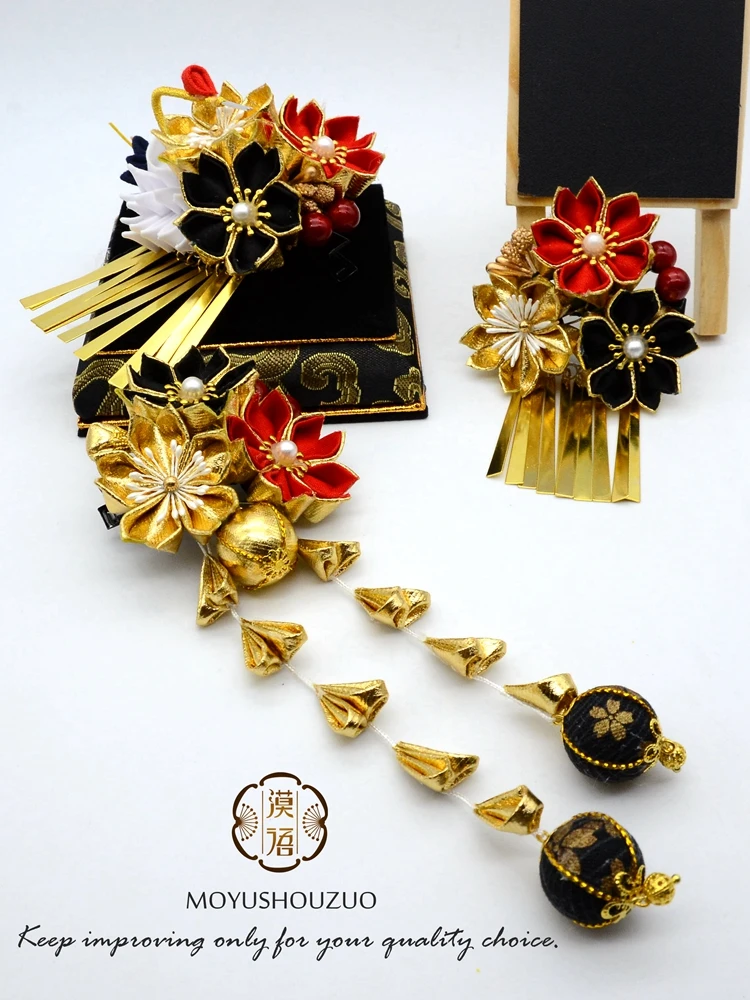 Goedkoop Handgemaakte Haarspeld Cosplay Accessoires Kanzashi Sakura Bloem Kwastje Tsumami Zaiku Kimono Hanfu Vrouwen Lolita Haar Clip Goud