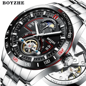 

BOYZHE Mens Automatic Mechanical Fashion Top Brand Sports Watches Tourbillon Moon Phase Stainless Steel Watch Relogio Masculino