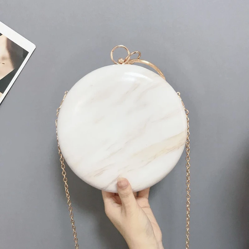 

Women Handmade Round Designer Evening Bag Simple Pu Leather Handbag Female Clutches Chain Shoulder Bags