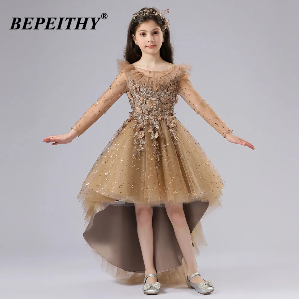 

BEPEITHY A Line High-Low Kids Prom Party Dress For Wedding Full Sleeves Boat Neck Fashion Flower Girl Dresses For Weddings