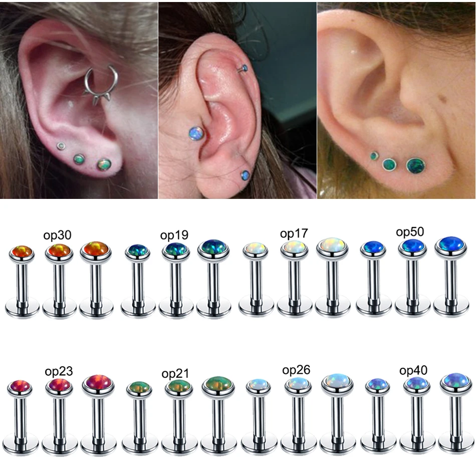 1PC Steel 16G Tragus Barbell Lip Studs Earrings 3/4/5/MM Opal Internally Threaded Labret Piercings Helix Daith Jewelry for Women
