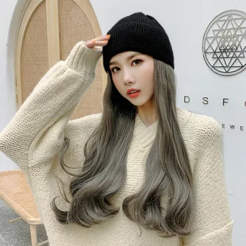 

Hat With Long Curly Body Hair Wig Winter Warm Knitted Hat Synthetic Hair Cotton Cap Wig Natural Fake Hair For Women BY047