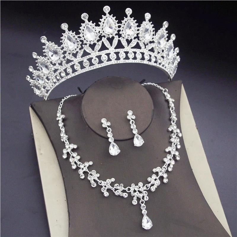 Crystal Bridal Jewelry Sets for Women Pink Tiaras Necklaces Earrings Set