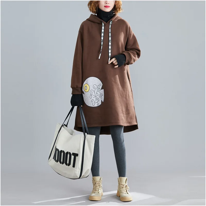 

2019 Winter New Style Literature And Art Large Size Dress Thick plus Velvet Fake 2-Piece Base Hoodie Coat Dress