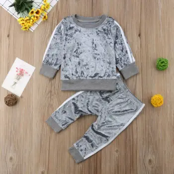 2019 Autumn Winter Velvet Kids Baby Girls Clothes Sets Solid Long Sleeve T-shirt Tops + Pants 2PCS Outfit Sets 1-5T Dropshipping 3