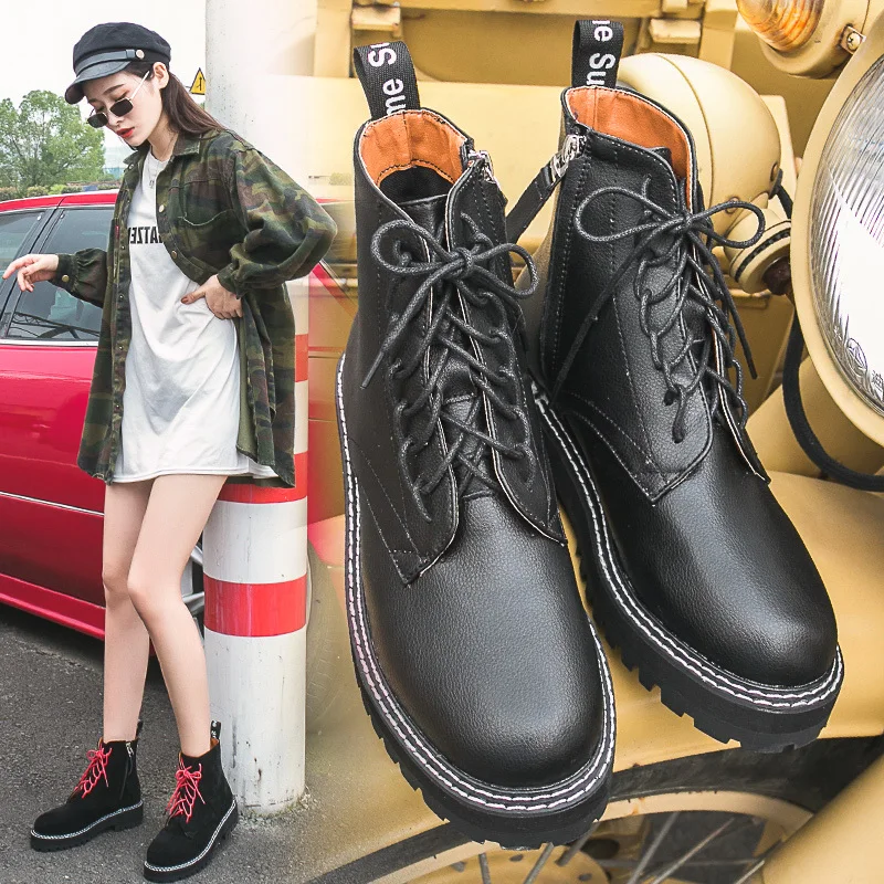 

Occident Fashion Martin Boots Women 2019 Autumn New Square Heel Lace-up Ankle Boots Retro Motorcycle Booties British Style
