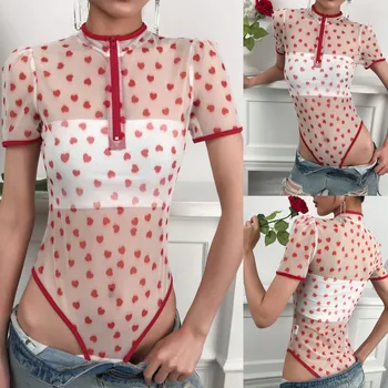 

2020 Heart Print Bodysuit Women Love Sexy Clothes See Through Mesh Slim Transparent Streetwear Bodsuit T-Shirt Body Mujer #C1