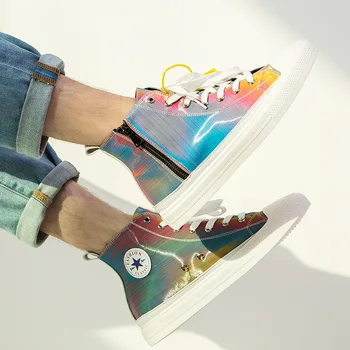 

Women High Top Sneakers Female Candy Shoes Fashion Design Reflective Canvas Shoes Discoloration Casual Sneakers Vulcanized Shoes