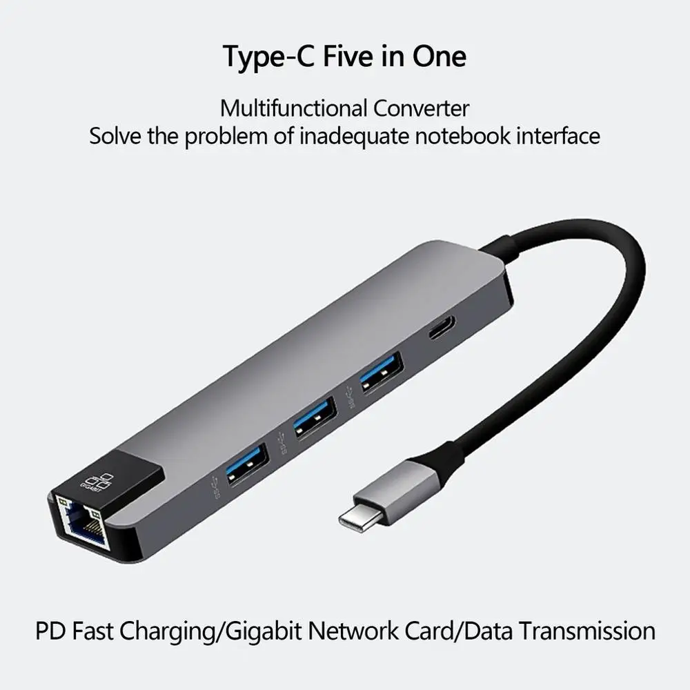 Серый 5 in 1 USB Type C Hub Hdmi 4K USB C Hub to Gigabit Ethernet Rj45 Lan Adapter for Mac book Pro Thunderbolt 3 USB-C Charger - Цвет: Серый