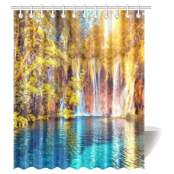 

Cottage Decor Collection, Majestic View on Turquoise Water and Sunny Beams Waterfalls in Summer Shower Curtain Set with Hooks,