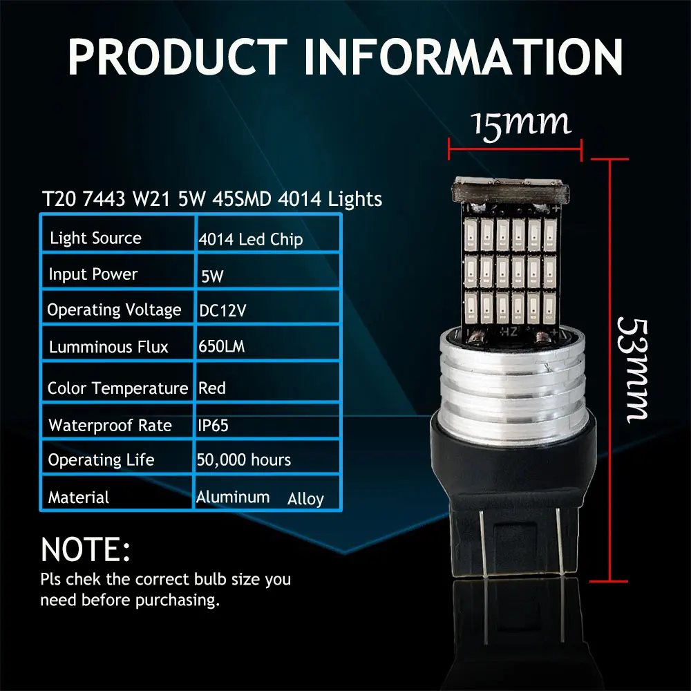 2 шт. T20 светодиодный W21 5 Вт 7443 светодиодный лампочка красный 45SMD 4014 авто задний фонарь заднего хода лампа автомобильный указатель поворота 12 В