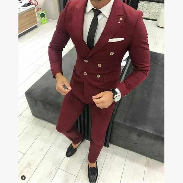 

New Burgundy Men Suit For Wedding Custom Slim Fit Double Breasted Bridegroom Men Suits Causal Prom Groom Terno 2 Pieces