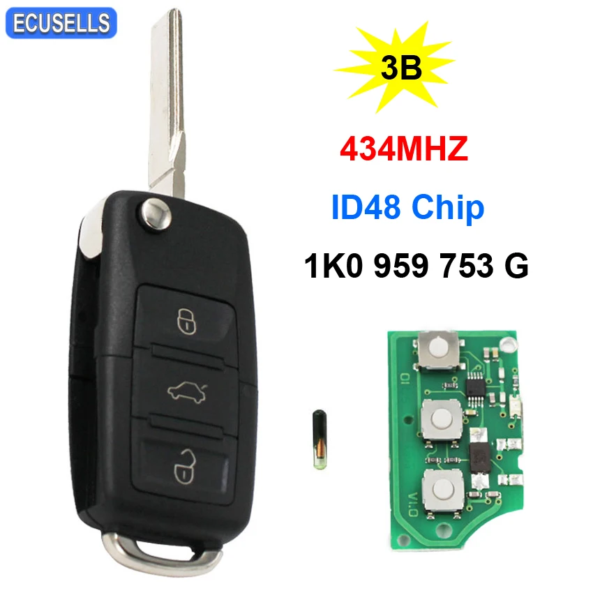 Ключ дистанционного управления с 3 кнопками 434 МГц чип ID48 для VW for Volkswagen Golf Jetta Tiguan