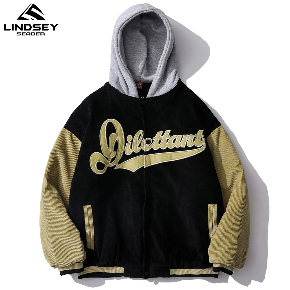 

LINDSEY SEADER Mens Winter Warm Bomber Jacket Hooded Coat Embroidery Numbers Thick Cotton Liner Jacket Streetwear Men Clothing