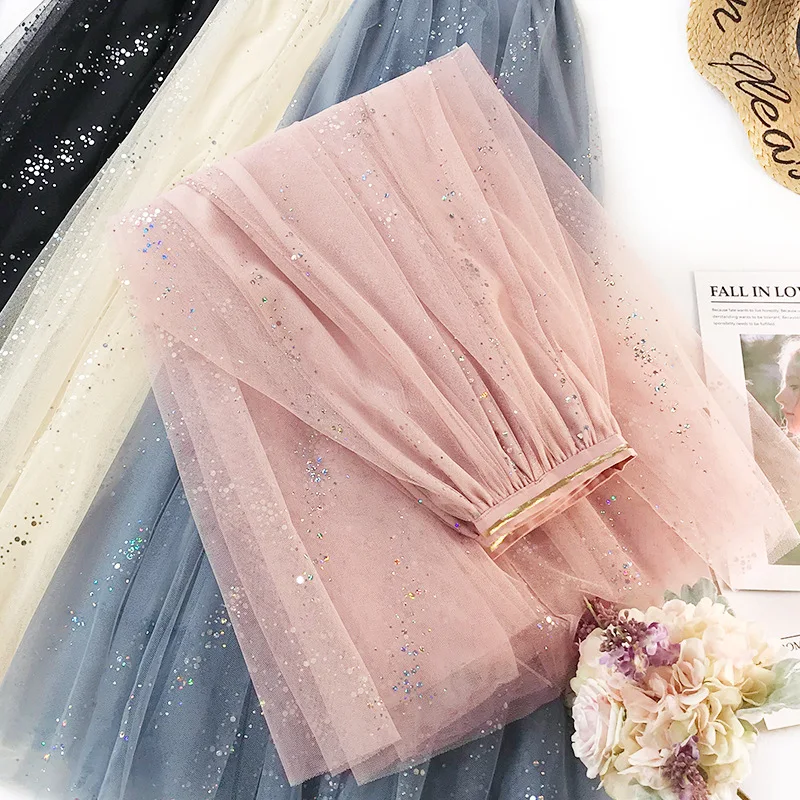 

Mesh Patchwork Long Skirts Fashion Sweet Summer Sequined Skirt High Waist Hallow Out Women Skirt Female Elegant Pink Faldas