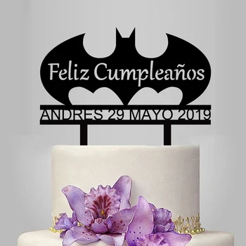 

1 Piece Personalized Name Date Spanish Happy Birthday Batman Acrylic Cake Topper For Birthday Party Cake Decoration YC075