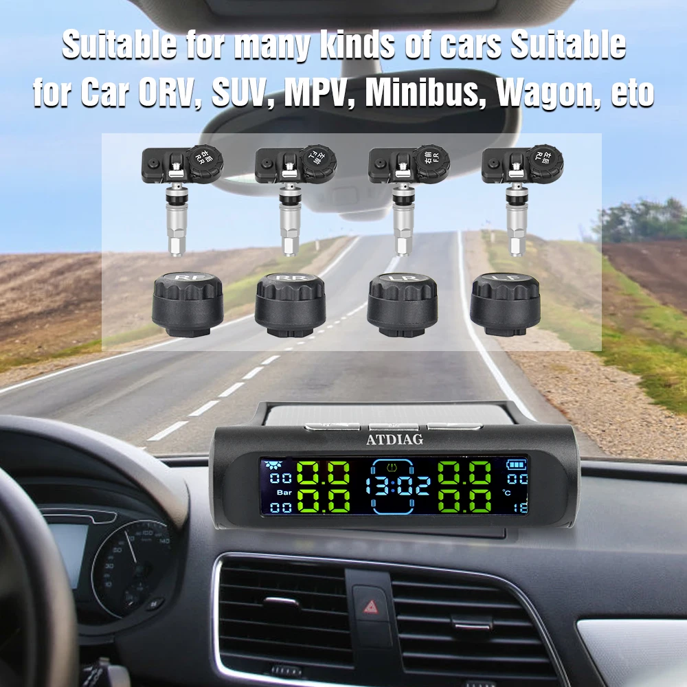 Universal TPMS Wireless Tire Pressure Monitoring System Solar Power Clock LCD Display 4 External Sensor Tire Pressure Sensors car tire pressure monitor car tire pressure sensor