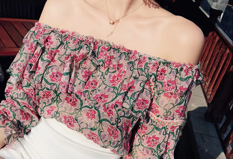 color as pic Женская шелковая Цветочная печать с длинным пышным рукавом с открытыми плечами Повседневный Топ с оборкой и заклепками украшенный - Цвет: color as pic