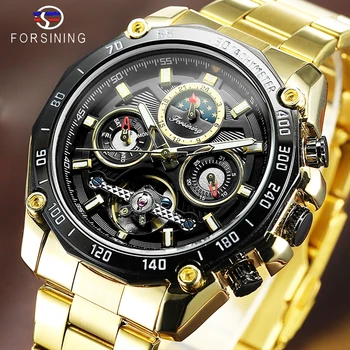 

FORSINING Luxury Automatic Tourbillon Watch Men Top Brand Stainless Steel Creative Watches Sun Moon Phase Mechanical Wristwatch