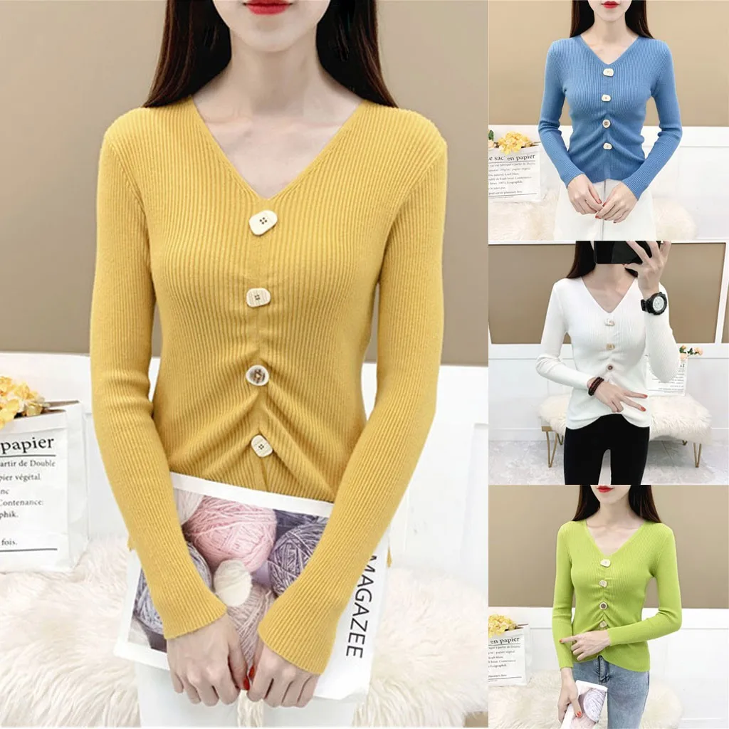 

vintage camisas mujer 2020 t shirt women Casual Long Sleeve Sweater V-Neck Slim Bottoming Knit Shirt Top ropa mujer poleras
