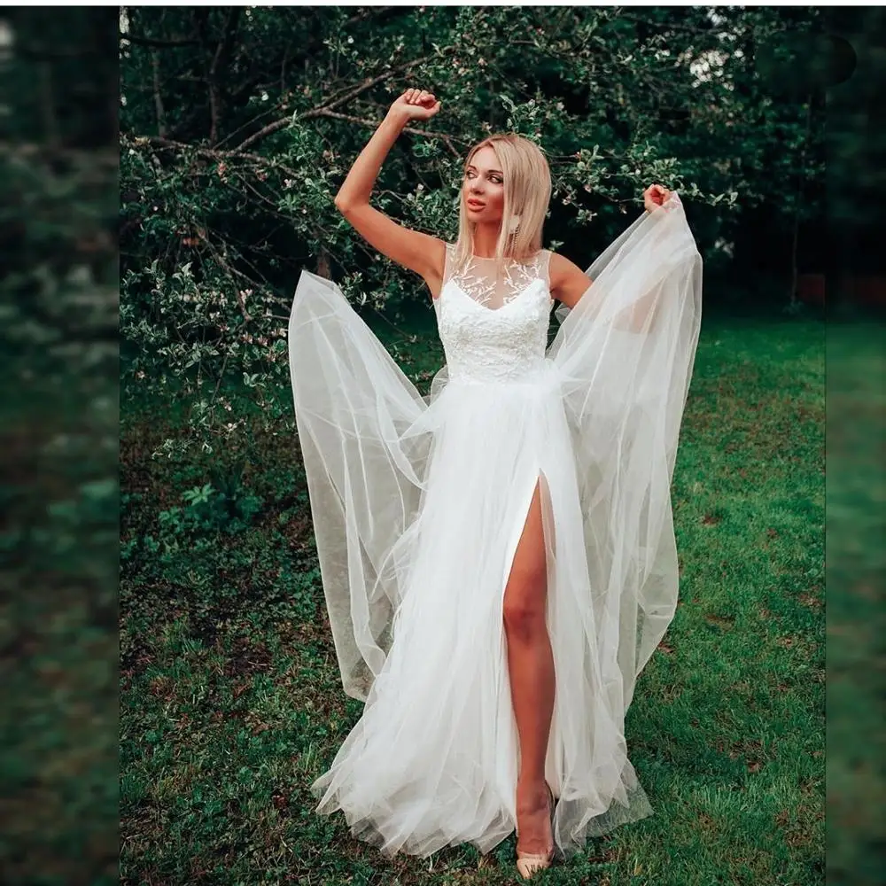 

Evening Dress 2020 Brilliant A-Line Side Slit High Sexy Sleeveless Women Party Gowns Charming Floor Length Elegant Women