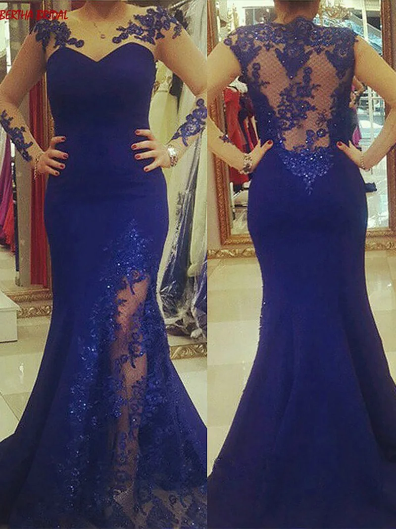 Синий вечернее платье Элегантное русалка аппликации бусины и кружева с длинным рукавом Вечерние платья для женщин Vestidos De Fiesta De Noche